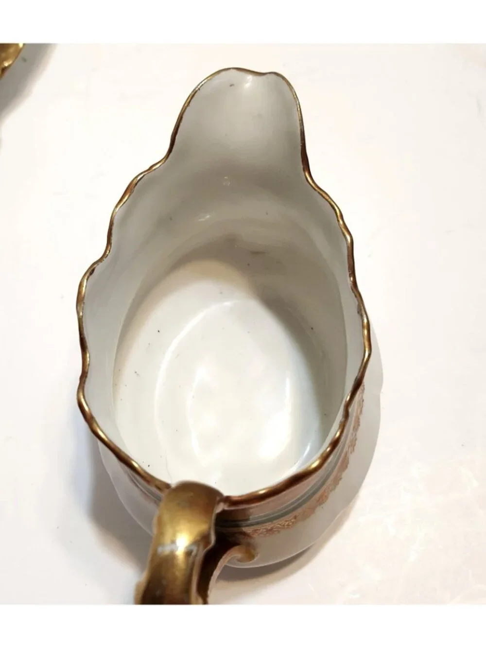 Antique Limoges France B&H Gold Green Trim Porcelain Gravy Boat Underplate READ